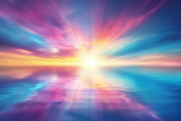 A colorful sky with a sun in the middle and a reflection of the sun on the water