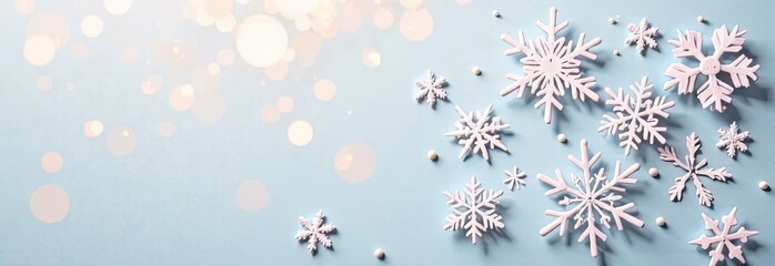 Delicate snowflakes in various shapes are artistically arranged against a soft blue background, evoking a calm winter vibe ideal for festivities. Generative AI