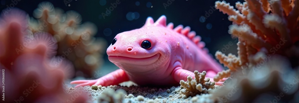 Poster a pink axolotl explores a coral reef, surrounded by an array of marine life, showcasing its unique f