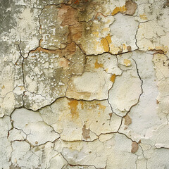 Obraz premium The surface of an aged wall reveals cracks and peeling paint, showcasing various shades of gray, brown, and cream. The texture reflects years of exposure to the elements
