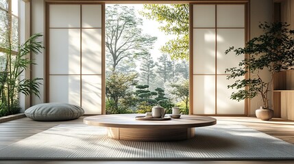 Fototapeta premium Serene Japanese-Style Room with Garden View