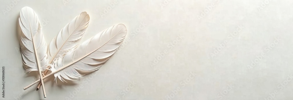 Poster three delicate white feathers lie gently on a neutral textured surface, creating a serene and calmin