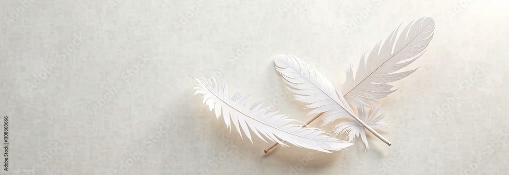 Poster two delicate white feathers lie on a soft textured surface, emphasizing their intricate details and 
