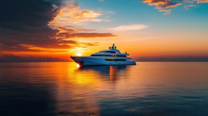 Obraz premium Luxury yacht hotel on the water, sleek design, panoramic ocean views, sunset, 