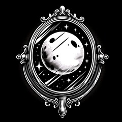 Fototapeta premium A mirror reflecting a moon in a starry space.