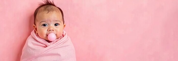 A cheerful baby wrapped in a soft pink blanket is blowing a bubble with gum, smiling at the camera against a pastel background. Generative AI