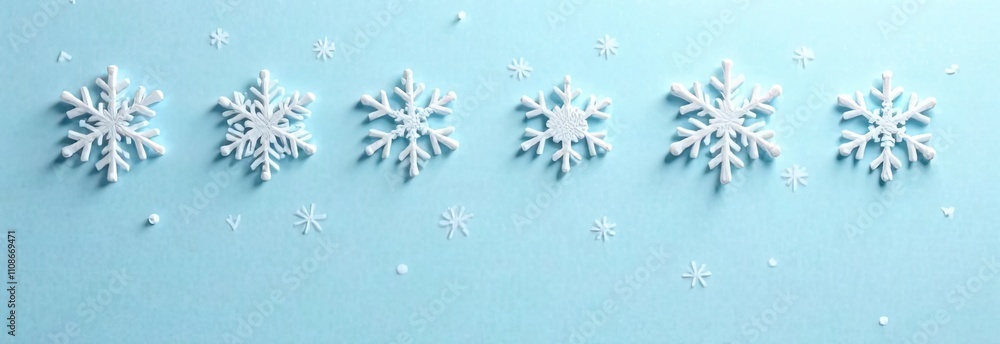 Poster white snowflakes of various sizes are evenly spaced on a light blue surface, creating a festive wint