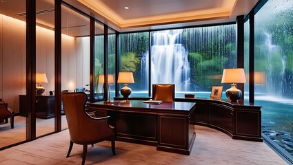 Fototapeta premium This vivid 8K image showcases a luxurious office space that effortlessly combines sophistication with nature. The elegant design features a panoramic view of a serene waterfall