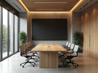 モダンで高級感のある役員会議室の内装 - 大画面モニターと明るい木材、ビジネス、コーポレート、プレゼンテーションの背景