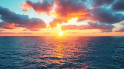 A vibrant sunset over the ocean, reflecting colors on the water's surface.
