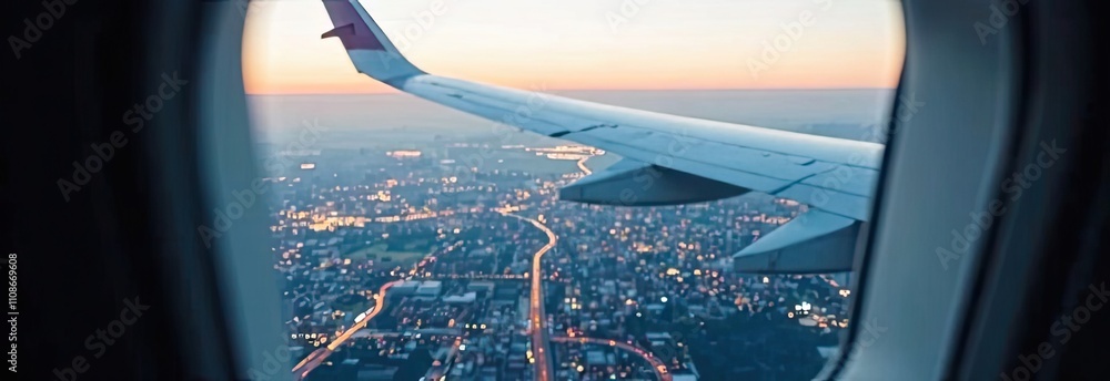 Aufkleber a serene view from an airplane window captures a sprawling city with illuminated streets as twilight