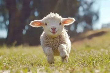 Adorable fluffy lamb running in a field. Perfect for Easter, spring, or innocence themes.