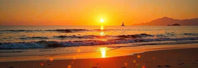 Naklejka premium Warm hues of orange and yellow fill the sky as the sun sets over the peaceful ocean, with gentle waves lapping at the sandy shore. Generative AI