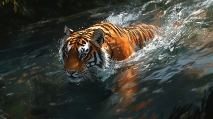 Majestic Tiger Swimming in Clear Water Surrounded by Nature