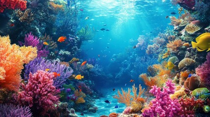 Naklejka premium Vibrant Coral Reef Scene with Colorful Fish under Blue Water