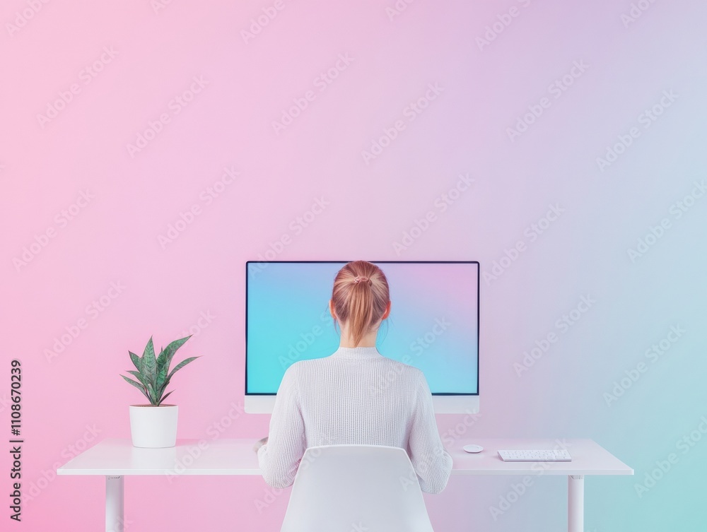 Poster minimalist workspace with pastel aesthetic featuring woman and computer setup