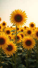 Obraz premium sunflower field with tall golden flowers swaying in the breeze, warm sunlight, blooming flowers, open spaces, green grass, summer landscape