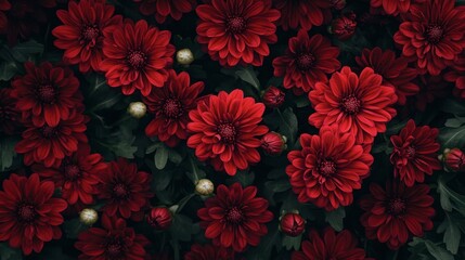 Vibrant Red Chrysanthemums in Soft Focus Against Dark Green Background