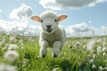 Fototapeta premium Adorable lamb leaps through spring meadow. Perfect for Easter, springtime, or nature themes.