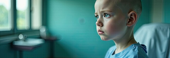 A young boy with a serious expression looks out the window, pondering his surroundings in a brightly colored hospital room. Generative AI