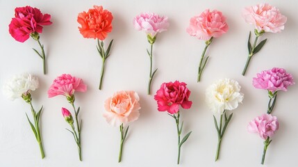 Obraz premium Colorful Carnations in Various Shades on White Background