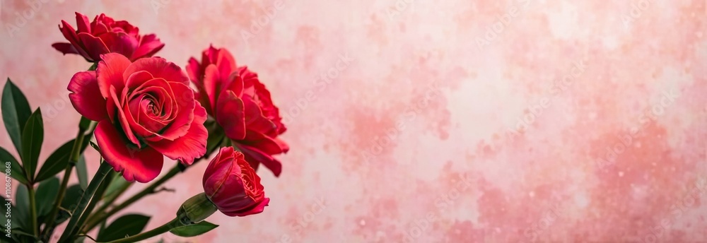 Poster fresh red roses with lush green leaves are displayed against a soft pink backdrop, adding warmth and
