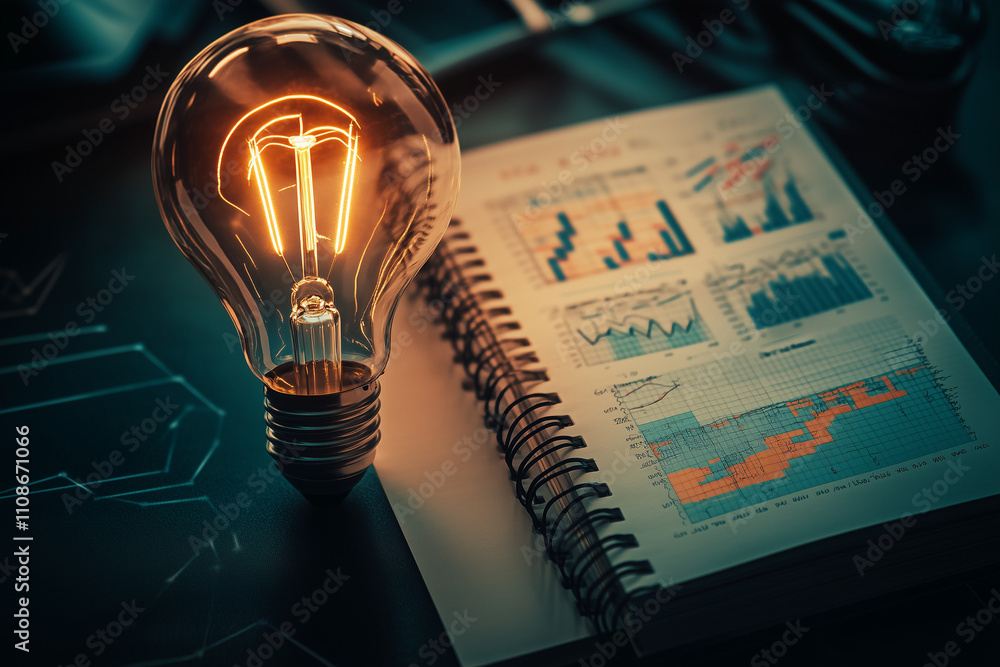 Aufkleber a glowing light bulb hovering over an open notebook filled with sketches and graphs with copy space.