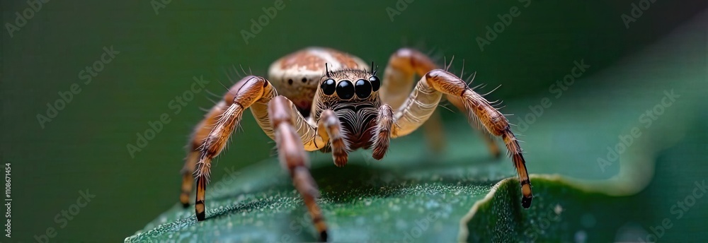 Poster a brown jumping spider is observed on a vibrant green leaf, highlighting its unique colors and patte