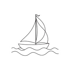 Sailboat floating on a calm sea Continuous line art flat vector illustration