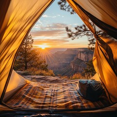 Cozy Camping Scene at Sunset with View of Grand Canyon from Tent Interior, Warm Sunlight Reflecting on Nature's Beauty