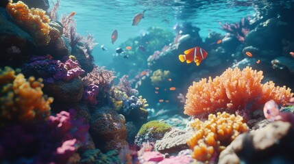 Naklejka premium Vibrant Underwater Scene with Colorful Coral and Tropical Fish