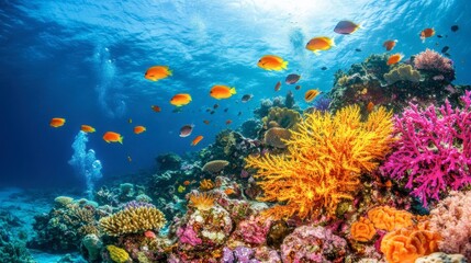 Naklejka premium Vibrant Coral Reef with Colorful Fish in Clear Blue Waters
