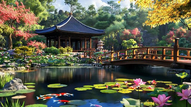 Tranquil Japanese Garden with Koi Pond and Pavilion