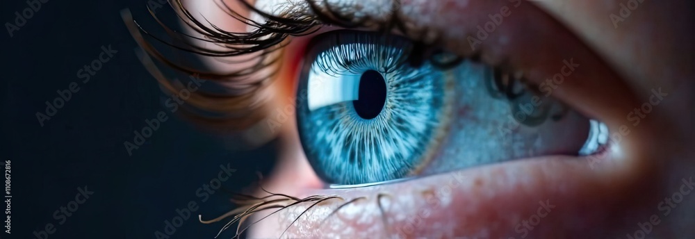 Poster vibrant blue iris with intricate patterns is highlighted in dramatic lighting, emphasizing detailed 