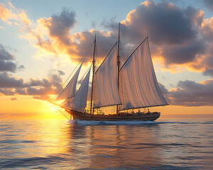 Fototapeta premium Majestic schooner sailing at sunset, ocean voyage.