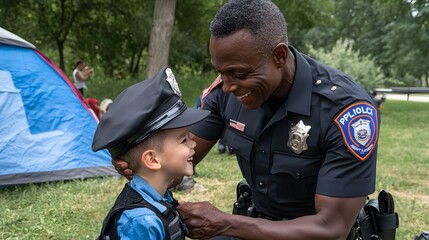 A candid photo of an officer helping a young child try on a police hat at a community fair.