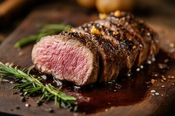 succulent steak perfectly cooked with pink center and aromatic herbs on a wooden cutting board, ideal for food lovers and culinary enthusiasts