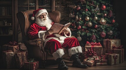 A candid shot of Santa sitting in a cozy living room, reading a long list of names while surrounded by gifts.