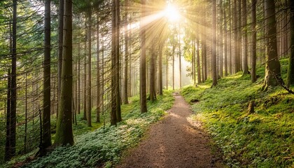Obraz premium Sun-Kissed Trail: A Path Through the Forest Grove