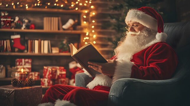 A candid shot of Santa sitting in a cozy living room, reading a long list of names while surrounded by gifts.