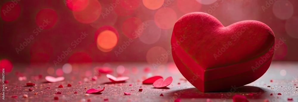 Poster A heart-shaped decoration rests on a table surrounded by rose petals, against a dreamy red bokeh background creating a romantic atmosphere. Generative AI