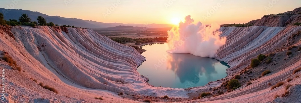Poster sun sets behind mountains, casting warm colors over a tranquil lake bordered by white cliffs and cre
