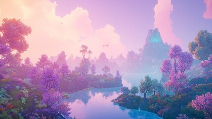Fototapeta premium Enchanted Realms: A Serene RPG Landscape in an AI Video Game