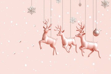 Obraz premium Three pink reindeer hang against a soft pink background, adorned with snowflakes and a hanging ornament, evoking a whimsical winter scene, with a blank space for text