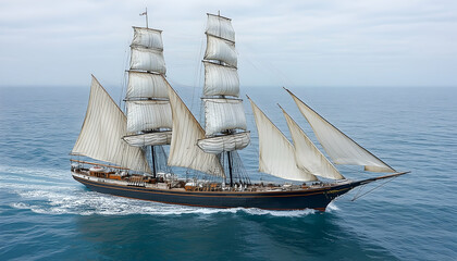 Majestic tall ship sailing on open ocean.