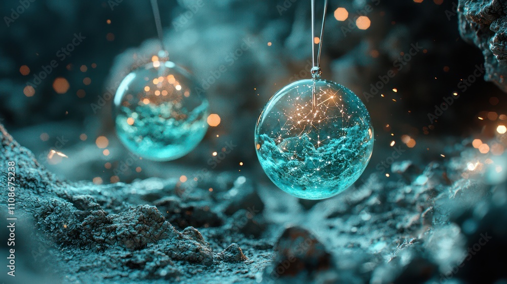 Poster two glowing, translucent spheres suspended in a mystical environment, surrounded by sparkling partic