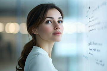 Obraz premium Woman Using A Whiteboard In A Boardroom To Brainstorm Ideas And Strategies For Office Planning. Managing, Projecting