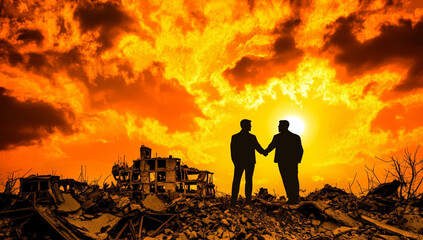 Obraz premium image depicts two businessmen shaking hands against dramatic sunset backdrop, symbolizing hope and collaboration amidst destruction