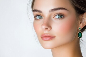 Fototapeta premium A close-up portrait of a woman showcasing elegant emerald earrings, with a fresh and natural beauty look, highlighting her striking blue eyes and smooth complexion.