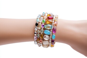 A colorful stack of decorative bracelets is showcased on a wrist, featuring various gemstones and beads, highlighting elegance and style.